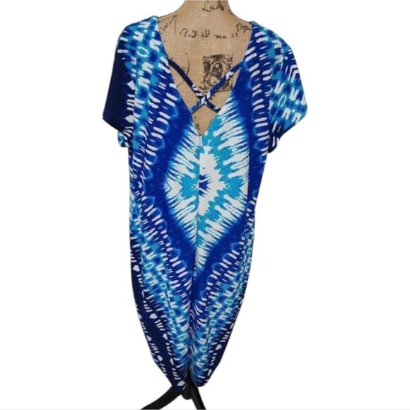 Ashley Stuart Blue Diamond Tie Dye V Neck Caftan Dress Cover Up Resort Cruise - Picture 2 of 8